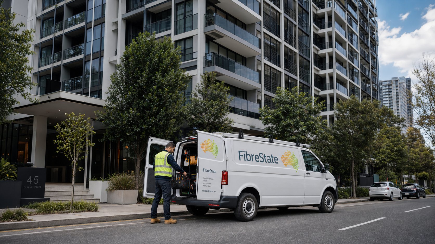 FibreState technician at apartment building