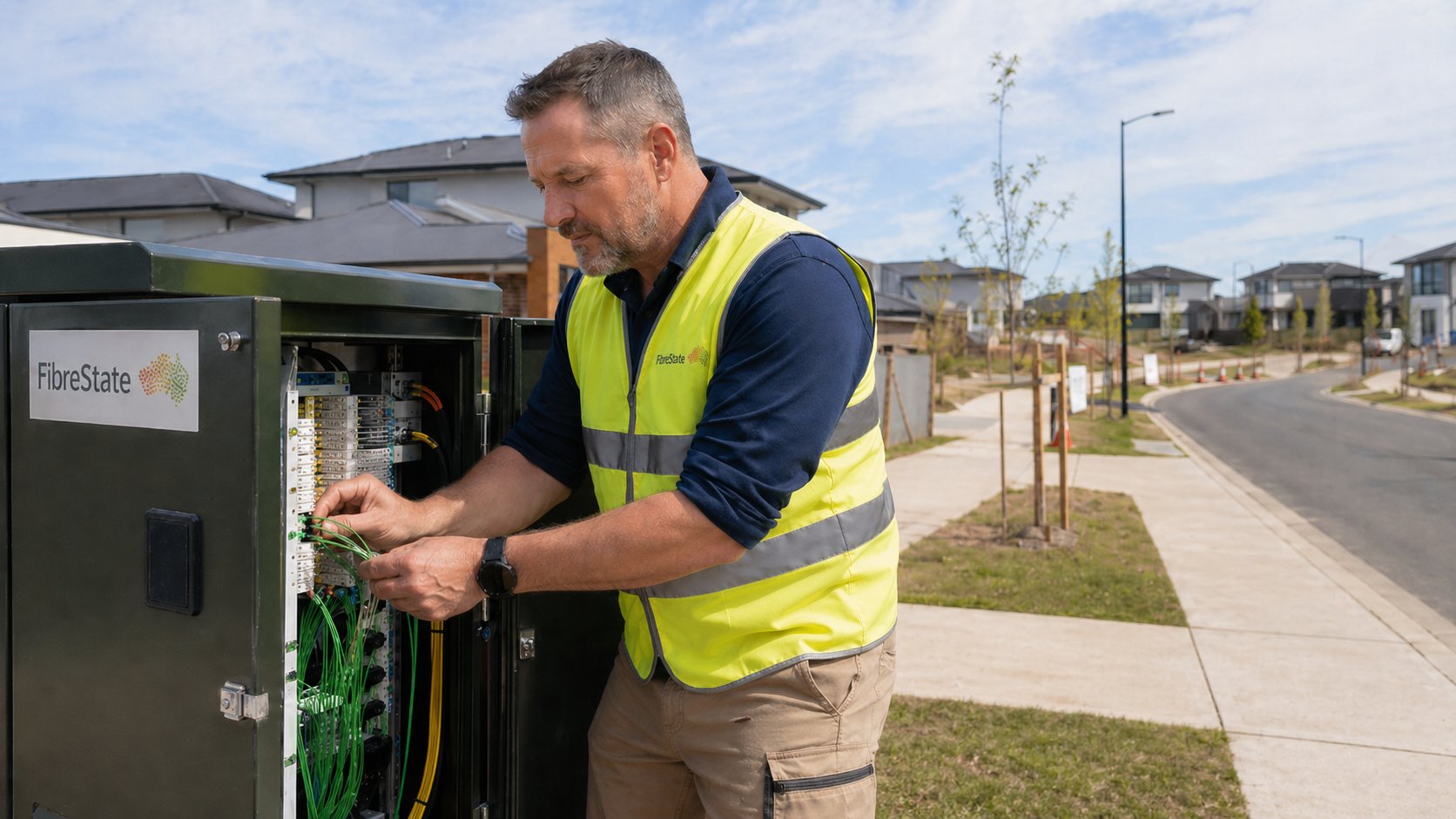 FibreState field technician at fibre cabinet with estate behind